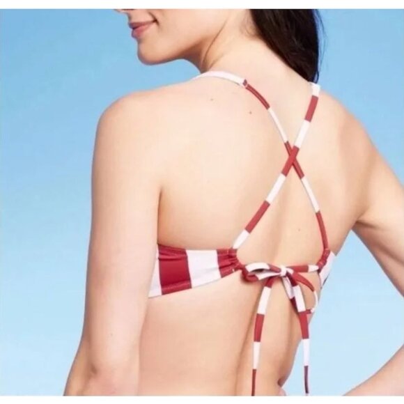 SHADE & SHORE BIKINI TOP RED WHITE STRIPED TIE BACK UNDERWIRE WOMEN'S SWIM SUIT - Picture 4 of 4